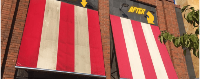 picture that shows two awnings on the left is the dirty one, on the right is the one that has been cleanded and power washed