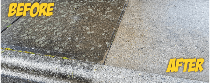 before and after image of sidewalk that has been power washed